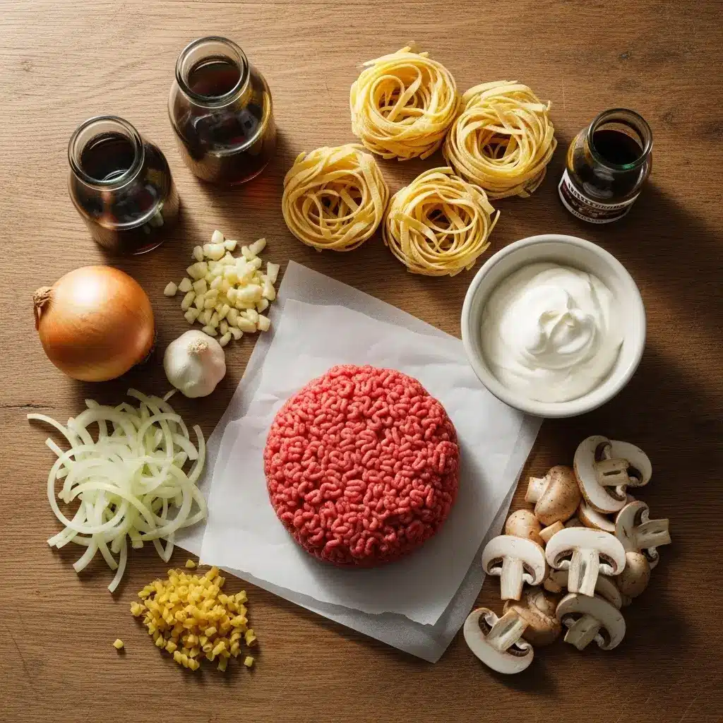 Ingredients for Creamy Ground Beef Stroganoff for Easy Budget Family Dinners