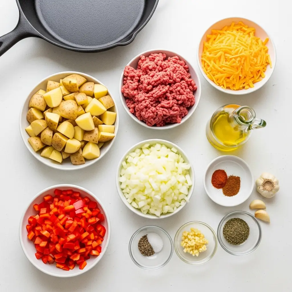 ingredients-for-easy-one-pan-cheesy-potato-skillet-dinner