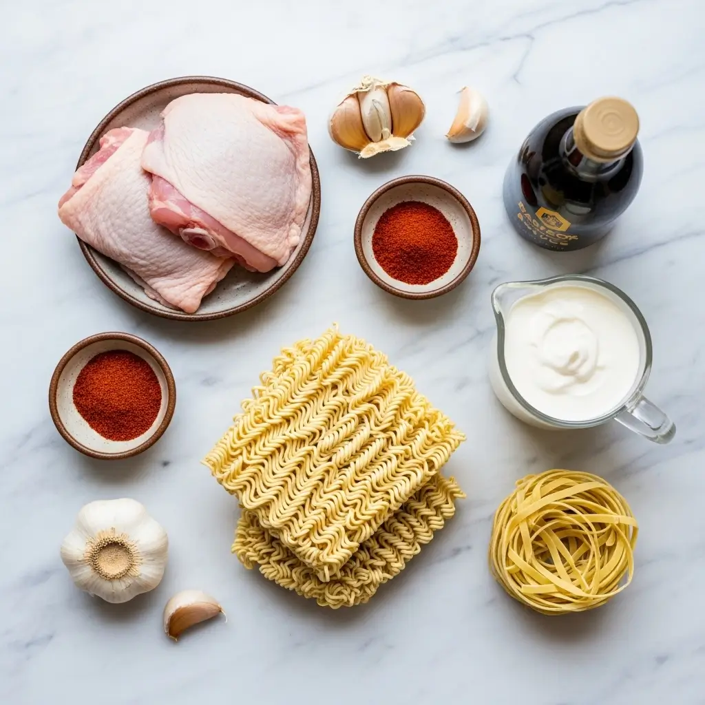 Ingredients for Fiery Chicken Ramen with Creamy Garlic Sauce
