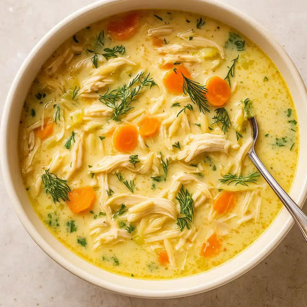 : Lemon Chicken Orzo Soup in bowl with lemon slices and parsley