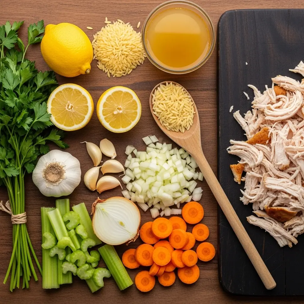 Lemon Chicken Orzo Soup ingredients flat lay