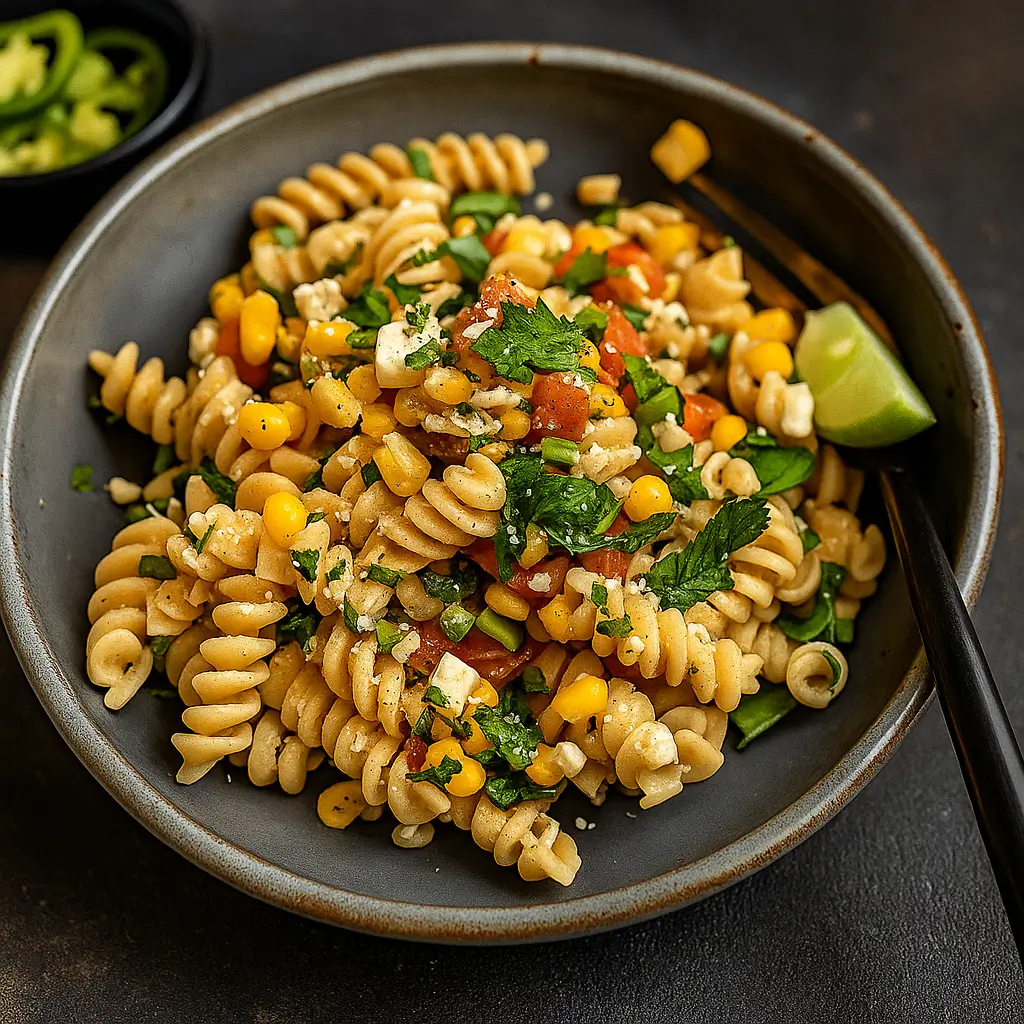Mexican Street Corn Pasta Salad Recipe served in rustic bowl
