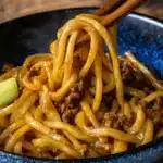 Mongolian Ground Beef Noodles with green onions