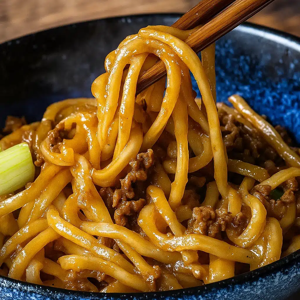 Mongolian Ground Beef Noodles with green onions