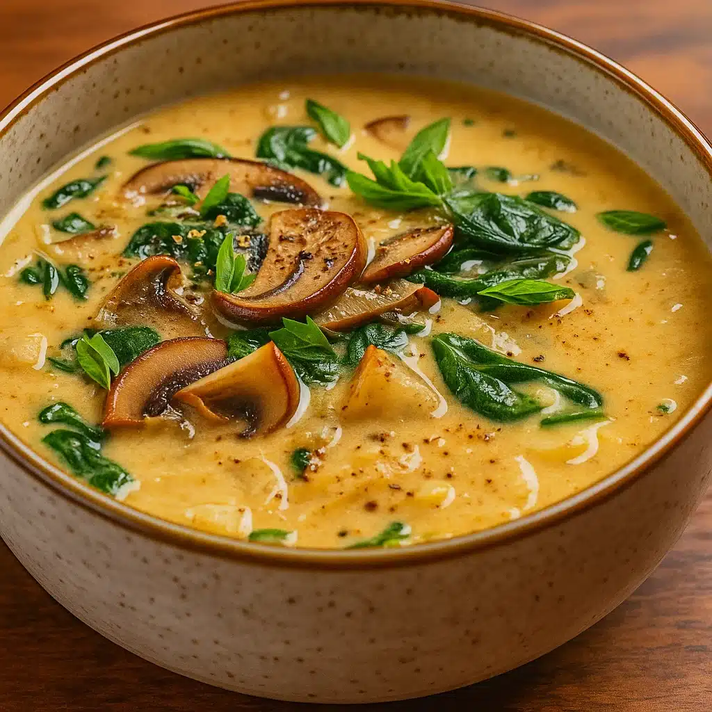 Mushroom and Spinach Soup Recipe in a bowl