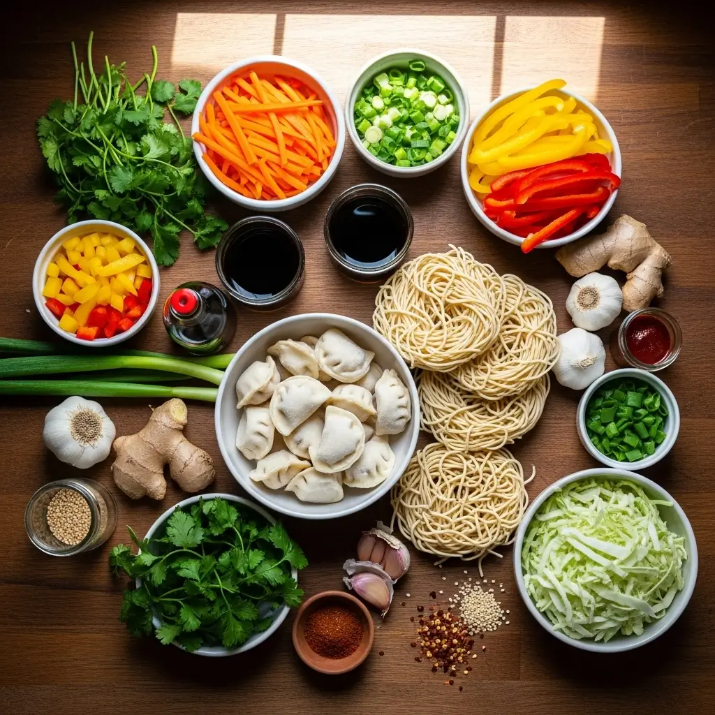 Potsticker Noodle Bowl Ingredients on Counter
