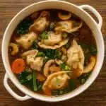 Potsticker Soup with dumplings and green onions in a cozy bowl