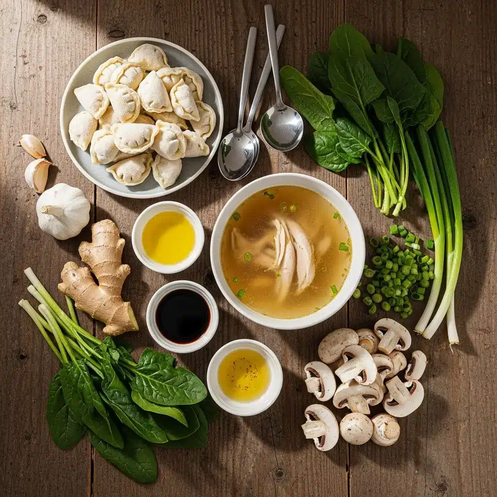 Potsticker Soup ingredients laid out on kitchen counter