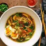 steaming bowl of quick homemade ramen with vegetables
