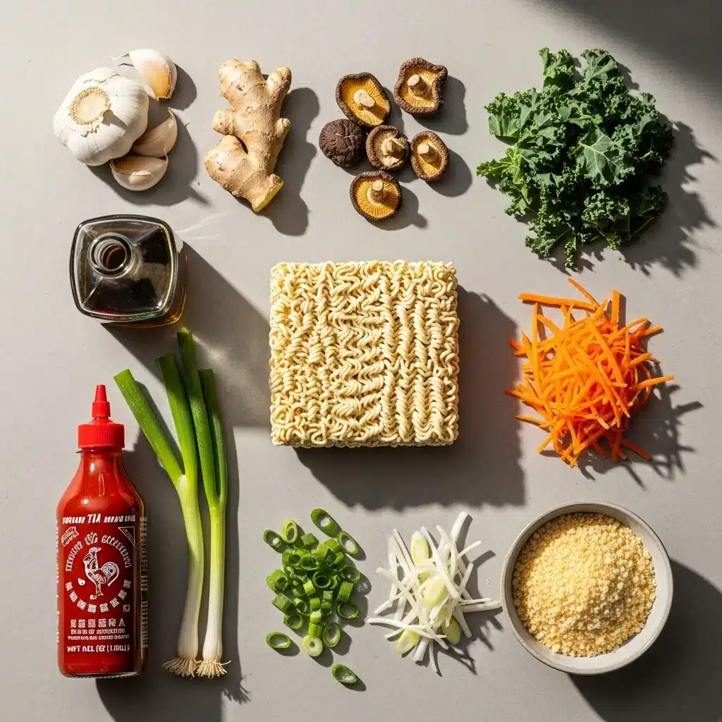 quick homemade ramen ingredients flat lay