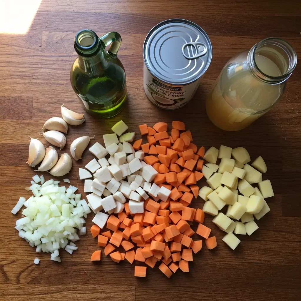 Ingredients for roasted root vegetable chowder