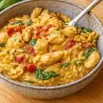 Slow Cooker Creamy Tuscan Chicken Orzo served in a white bowl
