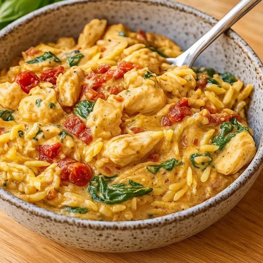 Slow Cooker Creamy Tuscan Chicken Orzo served in a white bowl