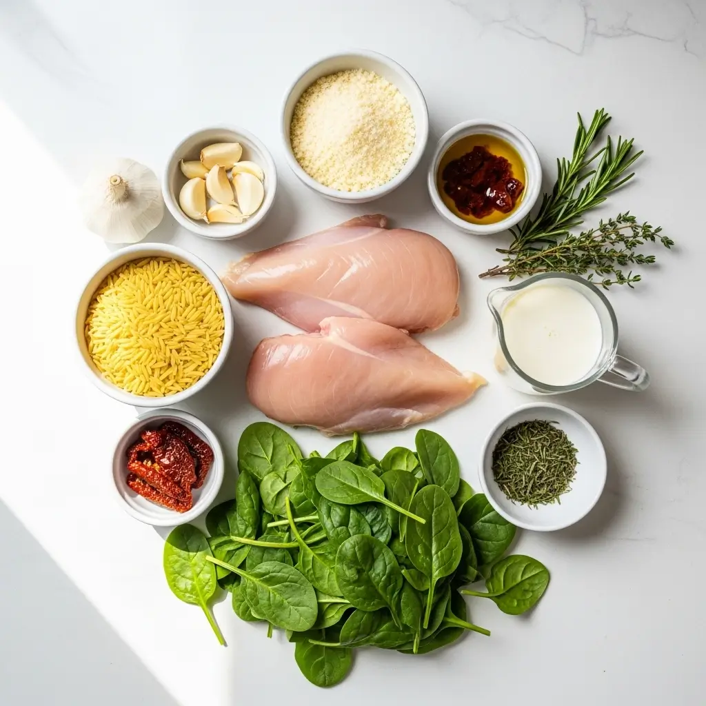 Ingredients for Slow Cooker Creamy Tuscan Chicken Orzo
