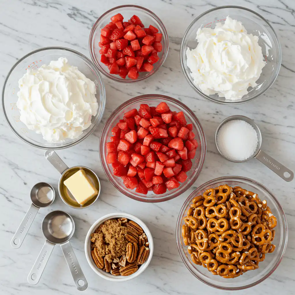 Ingredients for Strawberry Crack Salad laid out on a kitchen counter