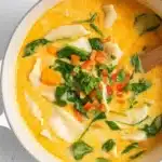Thai Coconut Potsticker Soup in a bowl with creamy curry broth and dumplings