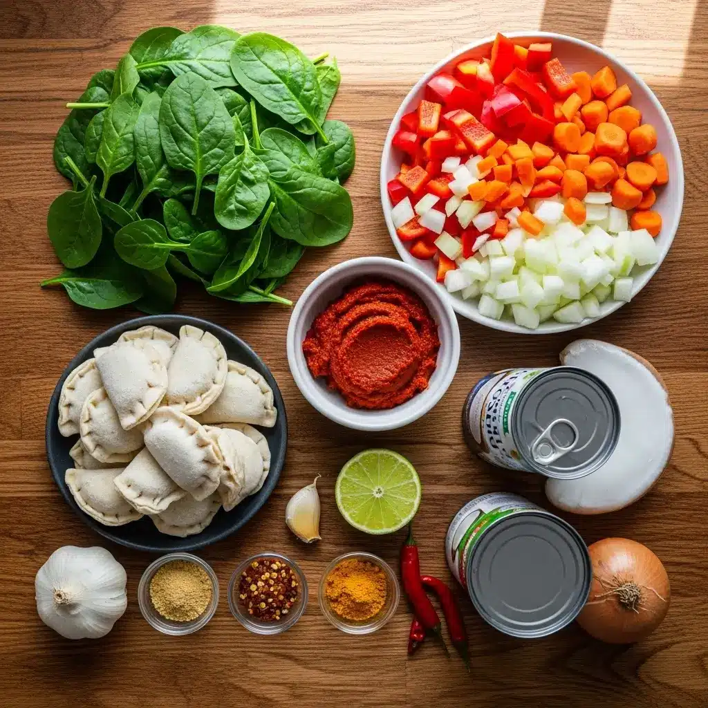 Ingredients for Thai Coconut Potsticker Soup arranged on a counter