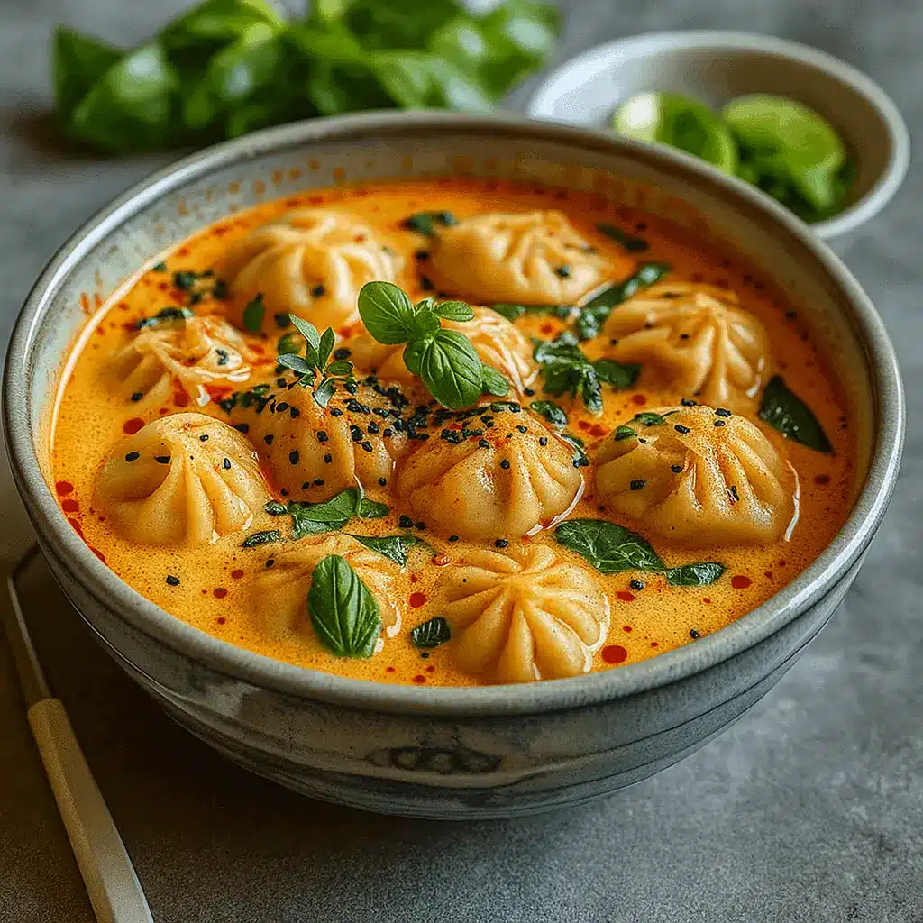 Thai Curry Dumpling Soup in a cozy bowl with herbs