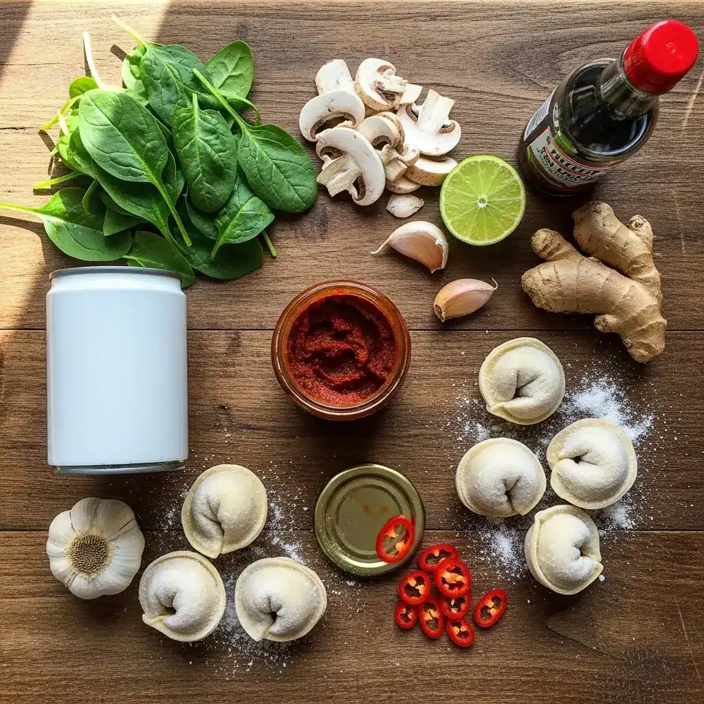 Ingredients for Thai Curry Dumpling Soup on wooden surface
