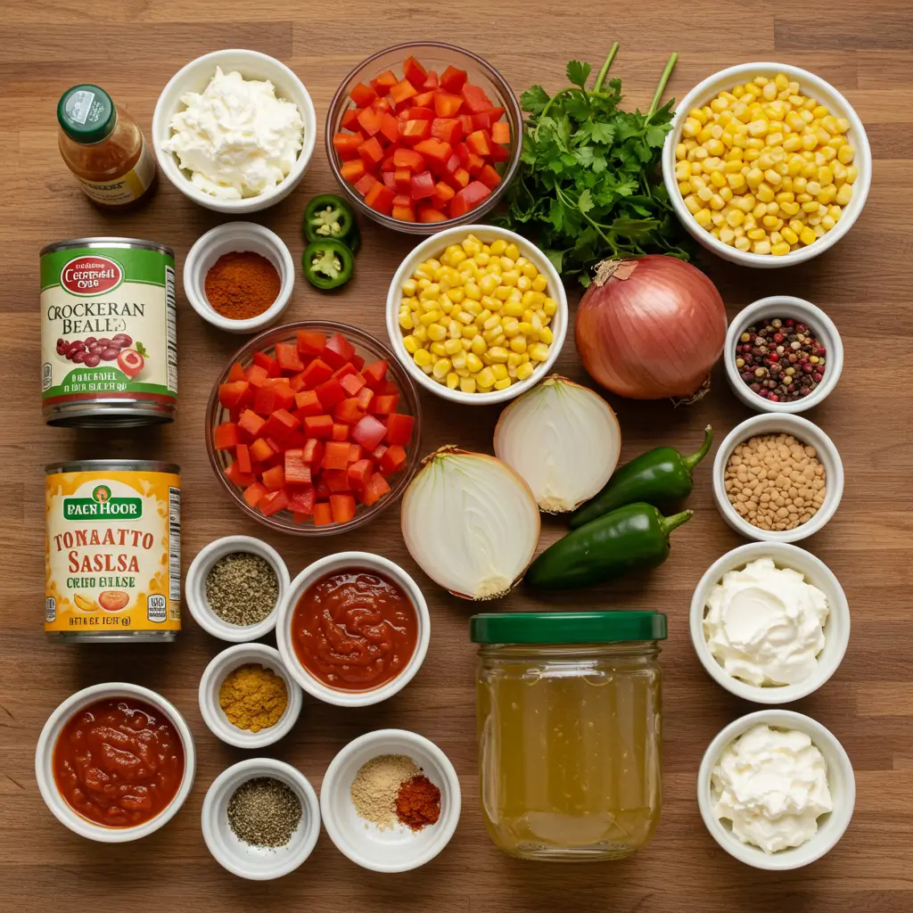 Ingredients for Crockpot Vegetarian Tortilla Soup laid out