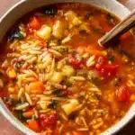 Vegetable Orzo Soup in a bowl with fresh vegetables