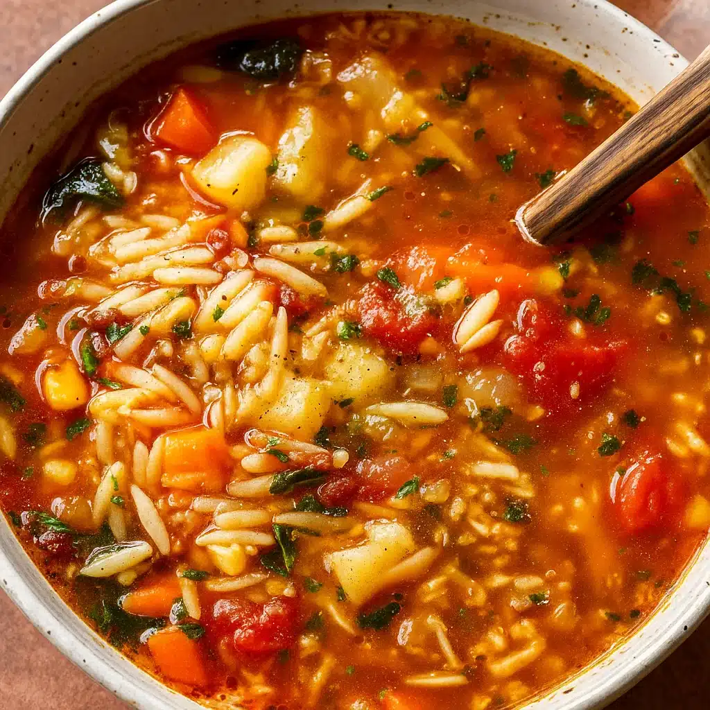 Vegetable Orzo Soup in a bowl with fresh vegetables