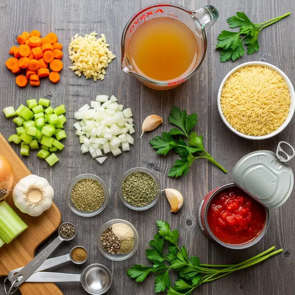 Ingredients for Vegetable Orzo Soup laid out on a counter