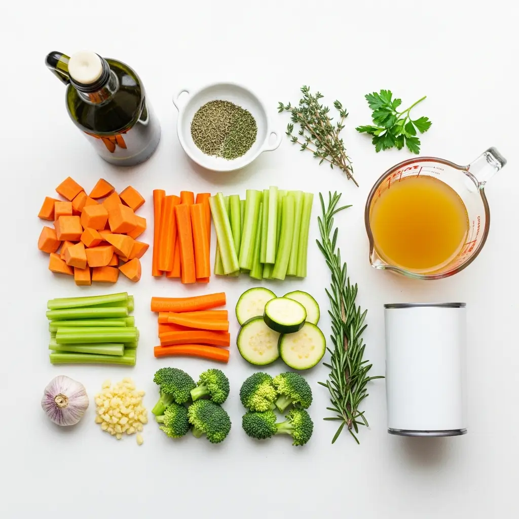Fresh ingredients for vegetable soup without tomatoes