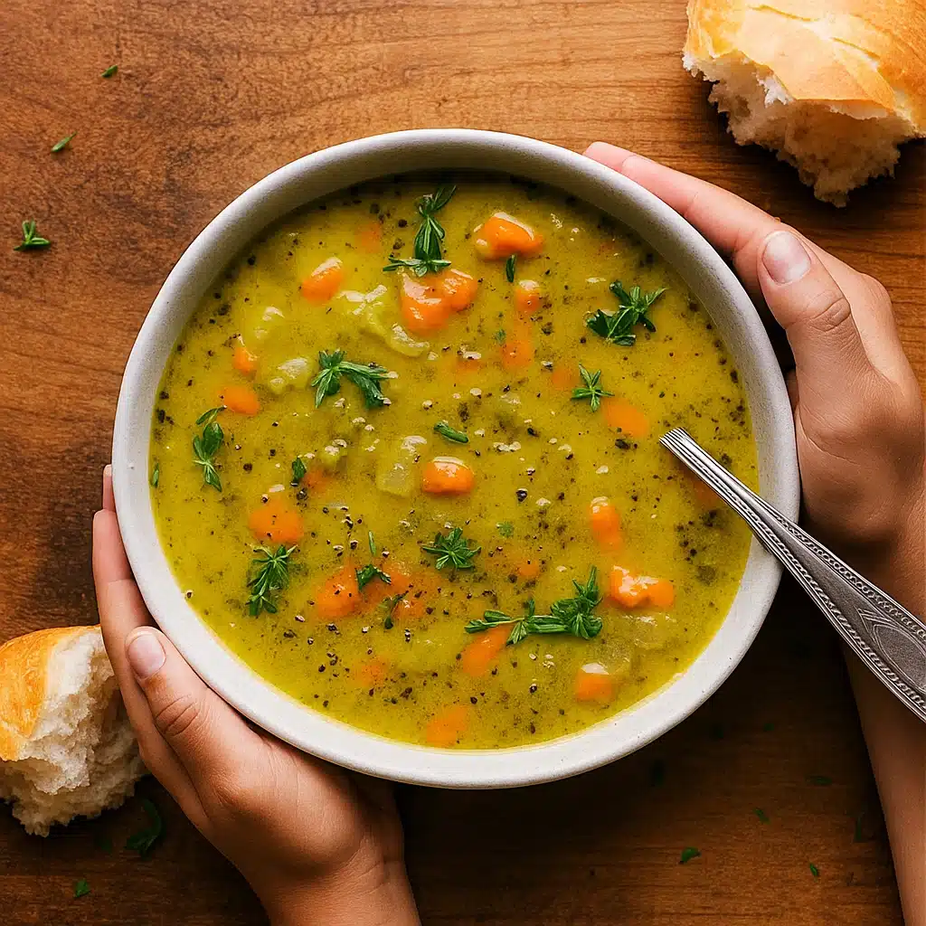 Bowl of Vegetarian Split Pea Soup Recipe with bread
