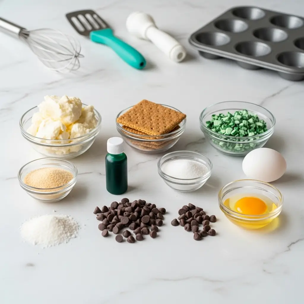 Ingredients for Andes Mint Mini Cheesecakes on Marble Surface