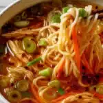 Aromatic Ginger Scallion Chicken Noodle Soup served hot in rustic bowl