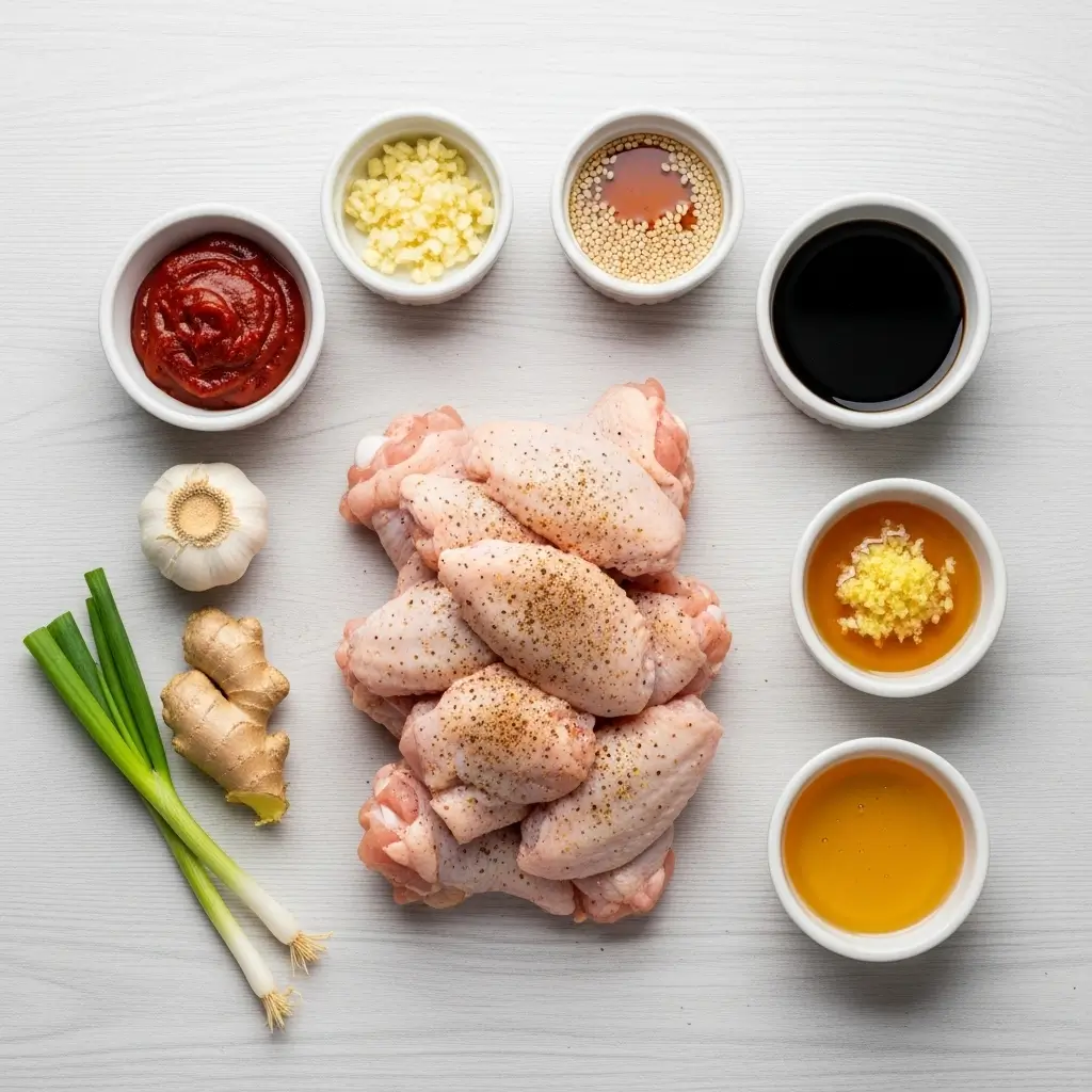 Baked Korean Chicken Wings ingredients on wooden background