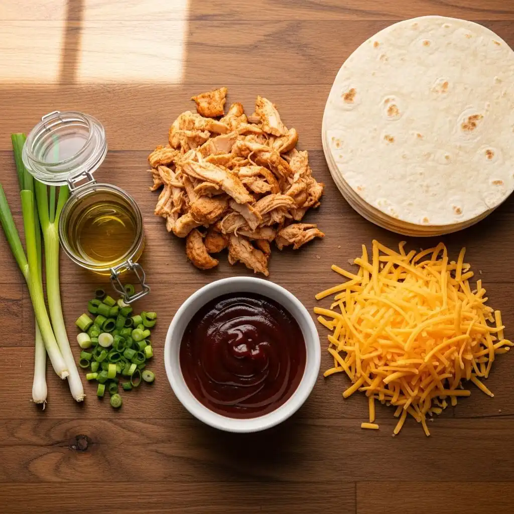 Ingredients for BBQ Chicken Quesadillas including shredded chicken and cheddar cheese