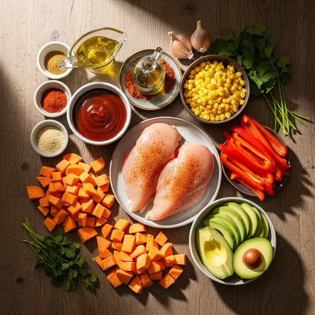 Ingredients for BBQ Chicken & Roasted Sweet Potato Bowls