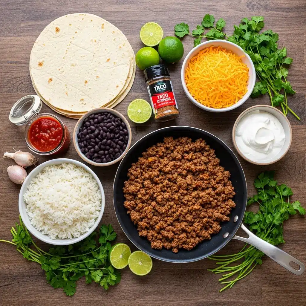 Ingredients for Beefy Melt Burrito laid out on a kitchen counter