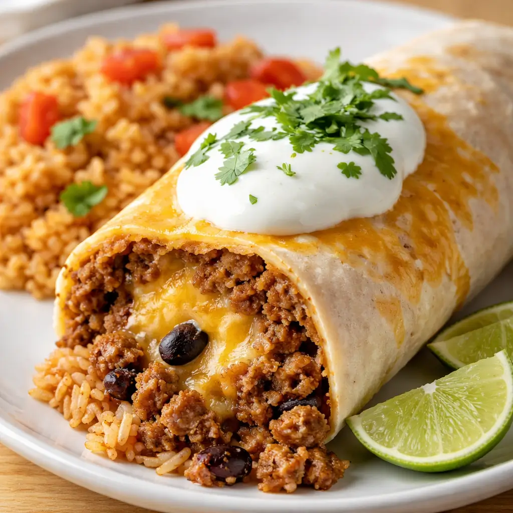 Beefy Melt Burrito with melty cheese and crispy tortilla