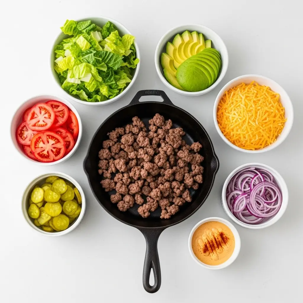Burger Bowl Ingredients Laid Out