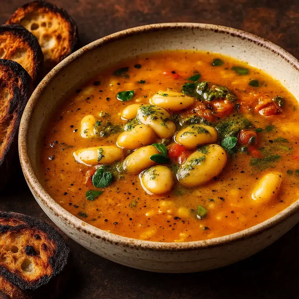 Cannellini Bean Soup Recipe served in a bowl with bread