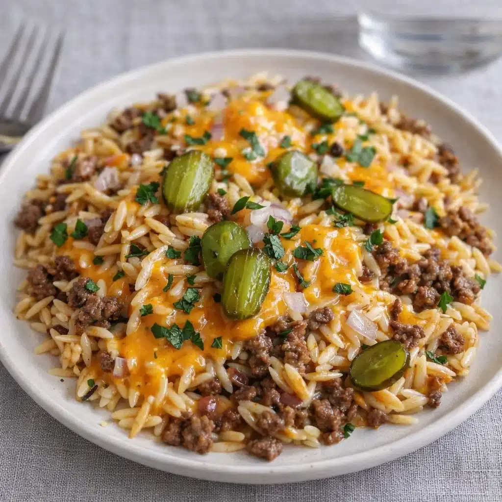 Cheeseburger Orzo Delight served in a bowl with parsley on top