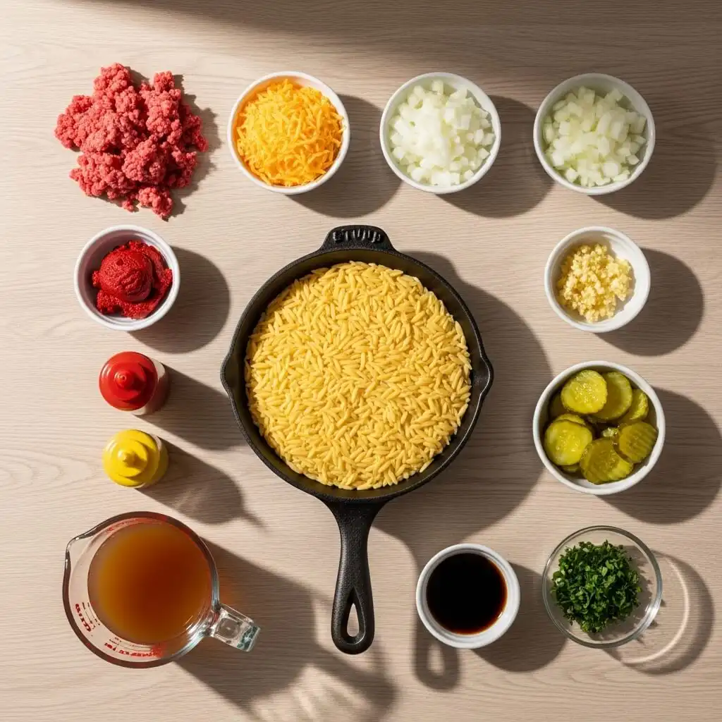 Ingredients for Cheeseburger Orzo Delight on a wooden surface