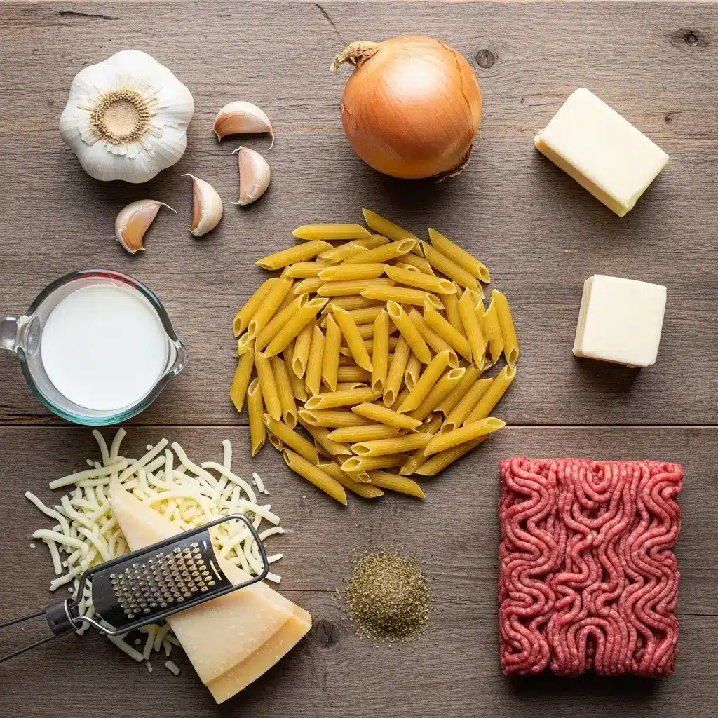 Ingredients for Cheesy Penne with Garlic Butter Ground Beef