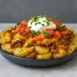 Cheesy Taco Potatoes with beef, cheese, and toppings