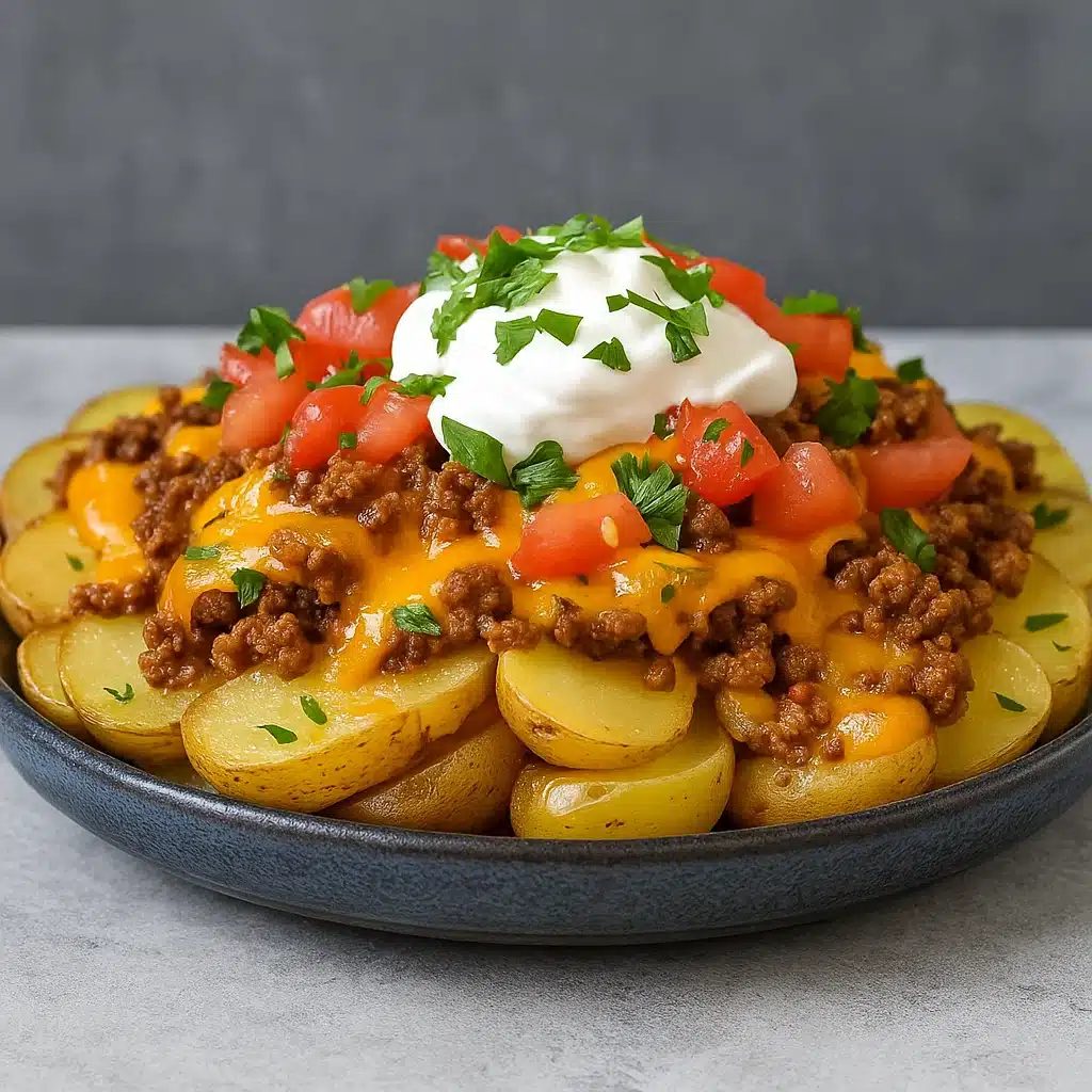 Cheesy Taco Potatoes with beef, cheese, and toppings