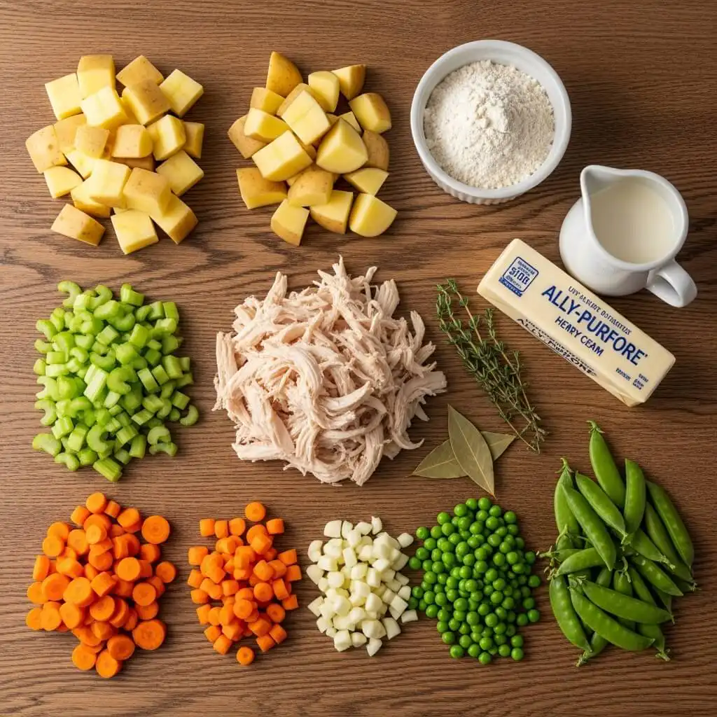 Chicken pot pie soup ingredients on kitchen counter