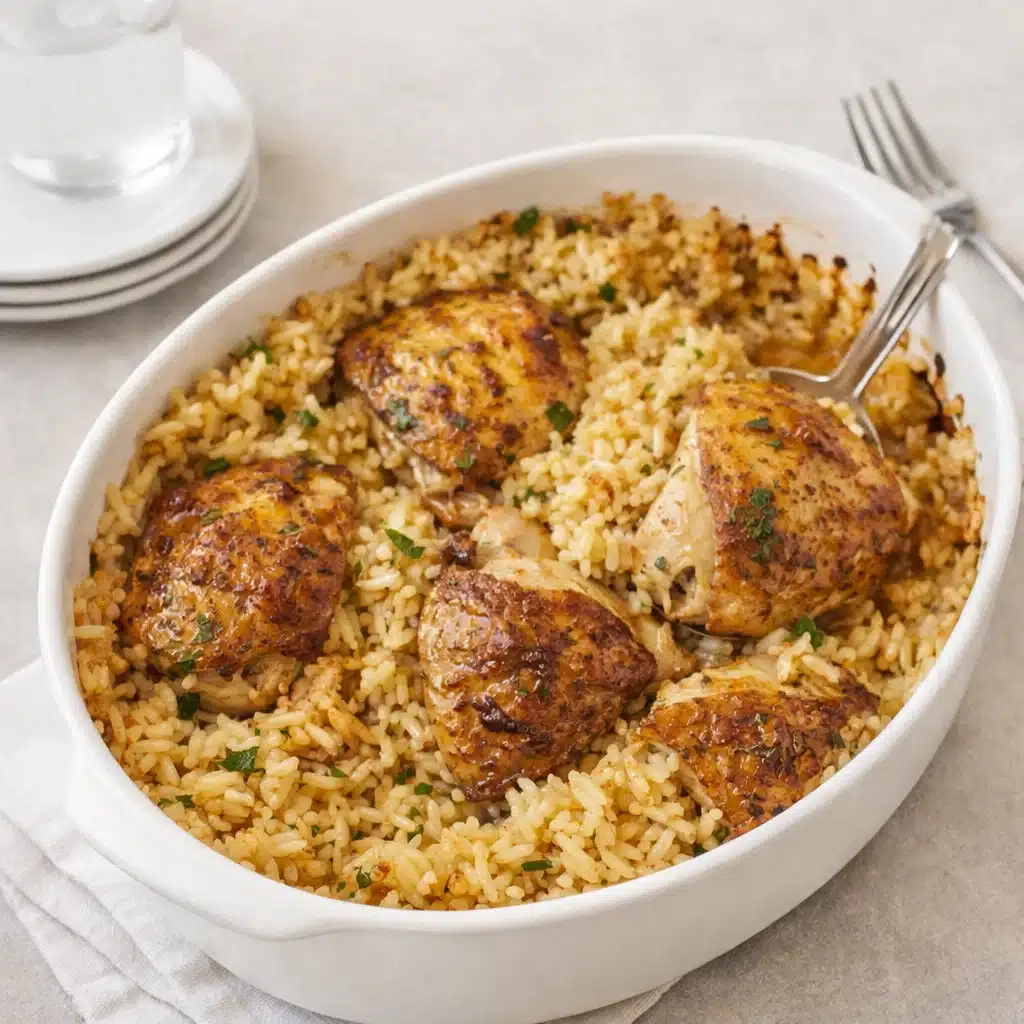 Chicken Thighs and Rice in skillet with garlic rice