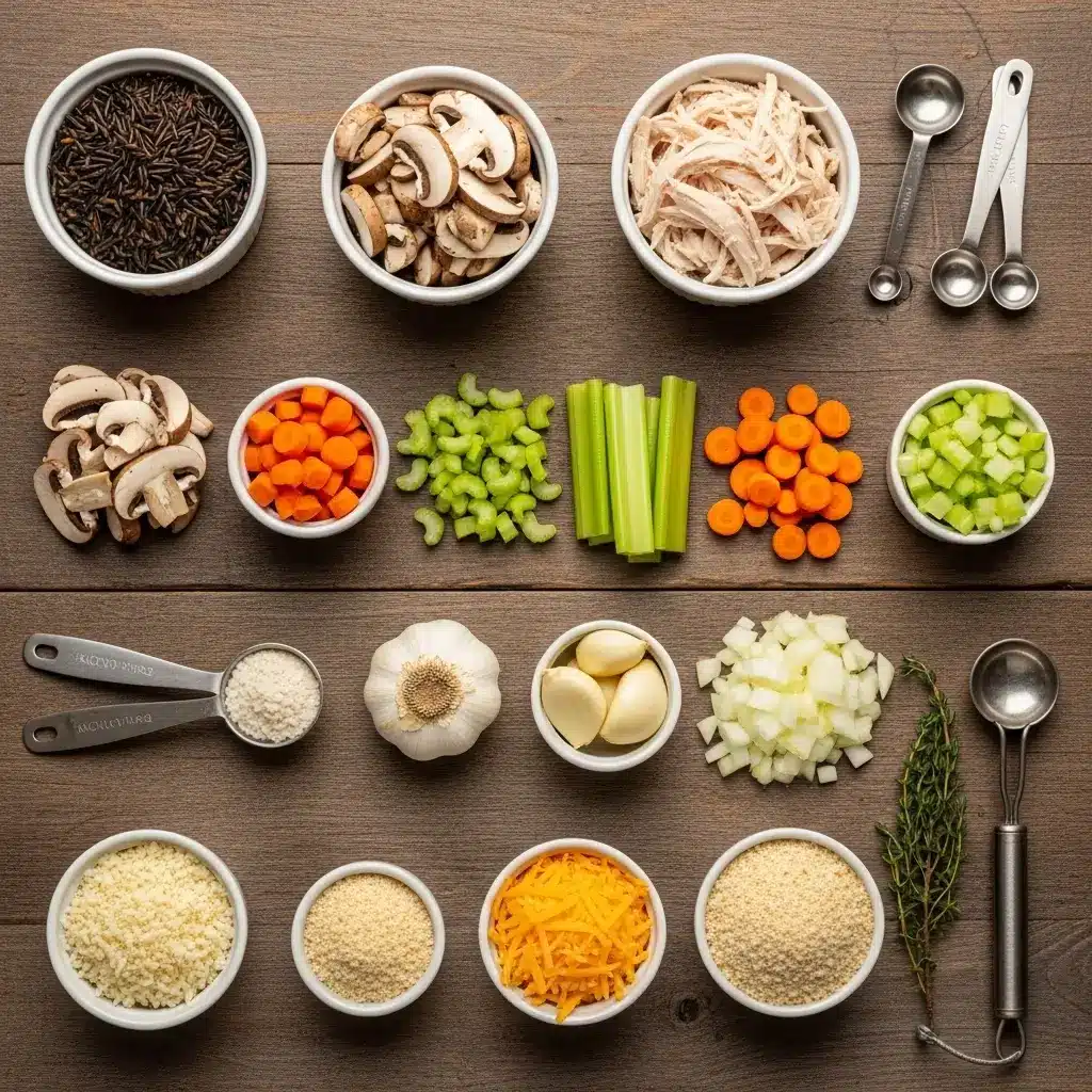 Ingredients for Chicken Wild Rice Casserole laid out on a table