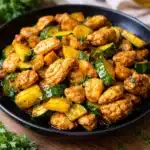 Chicken Zucchini Stir Fry in skillet with rice