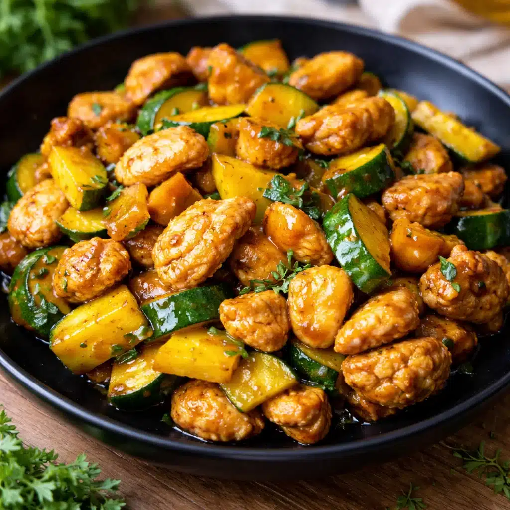 Chicken Zucchini Stir Fry in skillet with rice
