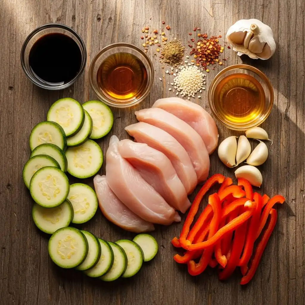 Ingredients for Chicken Zucchini Stir Fry laid out on table