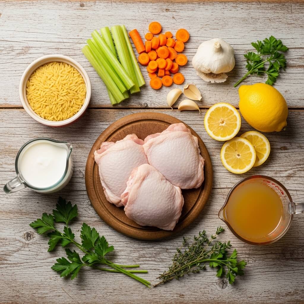 Ingredients for Creamy Lemon Chicken Orzo Soup